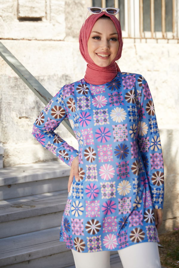 Düz Bisiklet Yaka Kadın Mavi Tunik - 10794 MAVİ