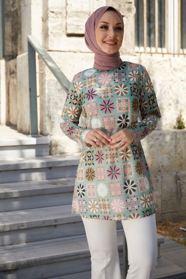Düz Bisiklet Yaka Kadın Yeşil Tunik - 10794 YEŞİL