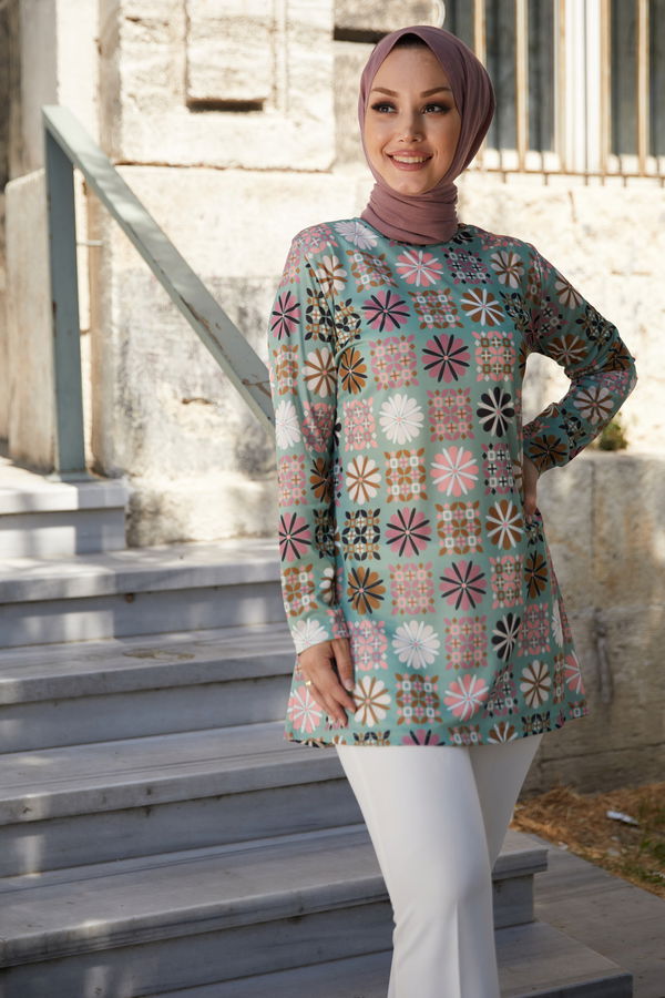 Düz Bisiklet Yaka Kadın Yeşil Tunik - 10794 YEŞİL