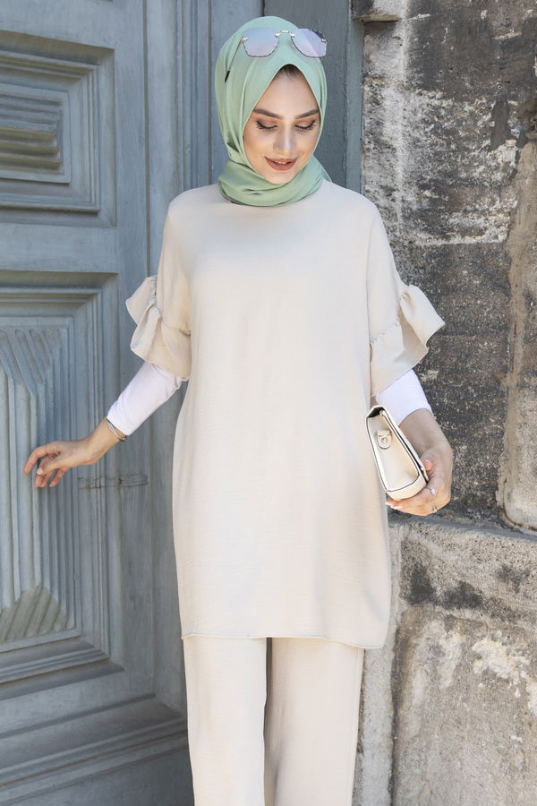 Düz Bisiklet Yaka Kadın Bej Tunik Pantolon - 10541