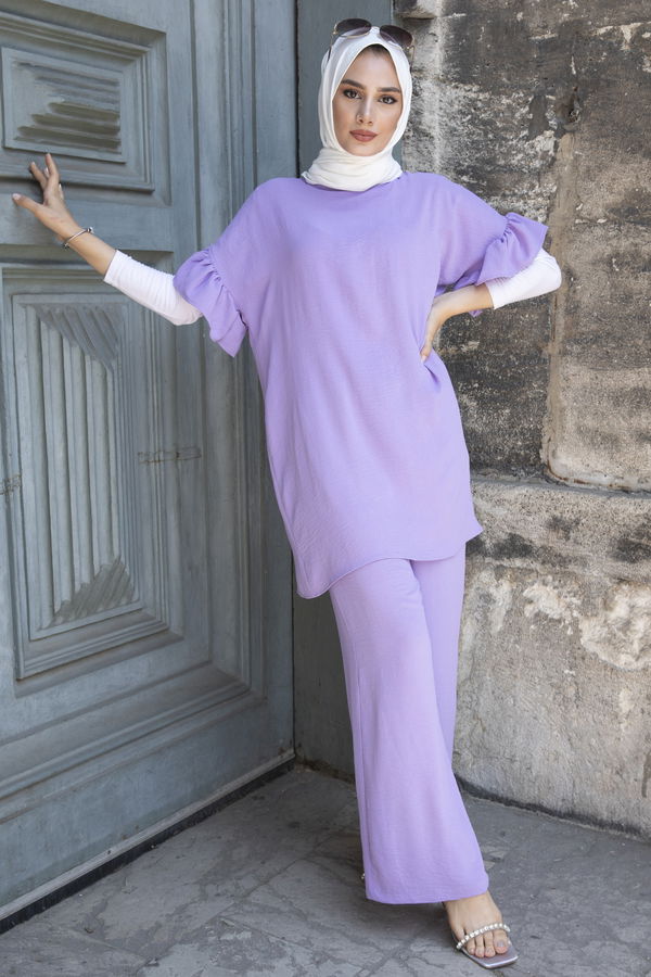 Düz Bisiklet Yaka Kadın Lila Tunik Pantolon - 10541 LİLA
