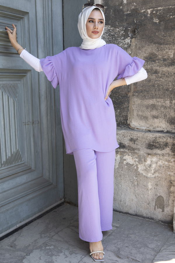 Düz Bisiklet Yaka Kadın Lila Tunik Pantolon - 10541 LİLA