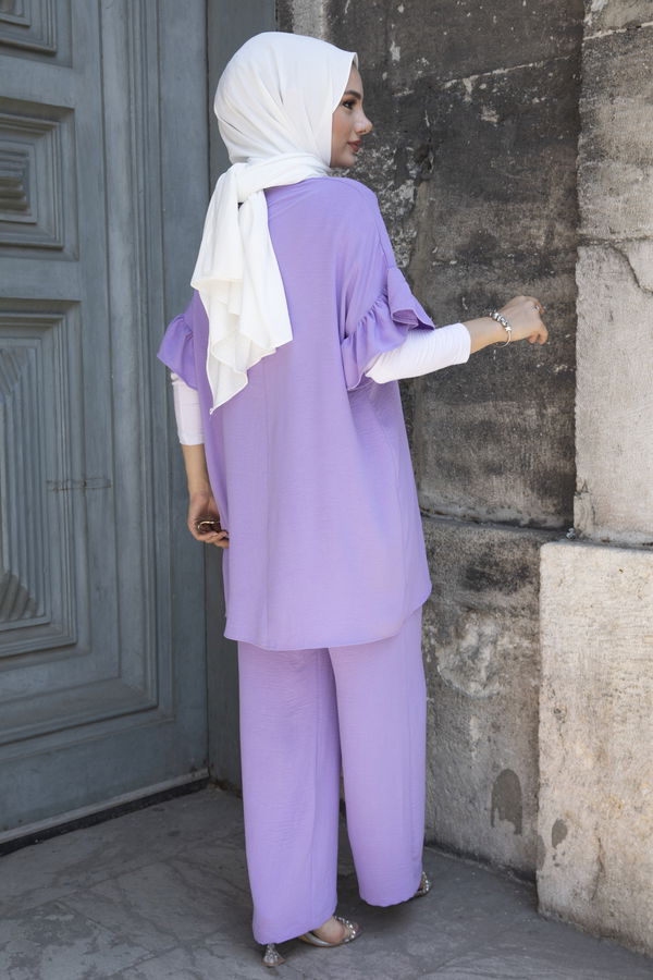 Düz Bisiklet Yaka Kadın Lila Tunik Pantolon - 10541 LİLA