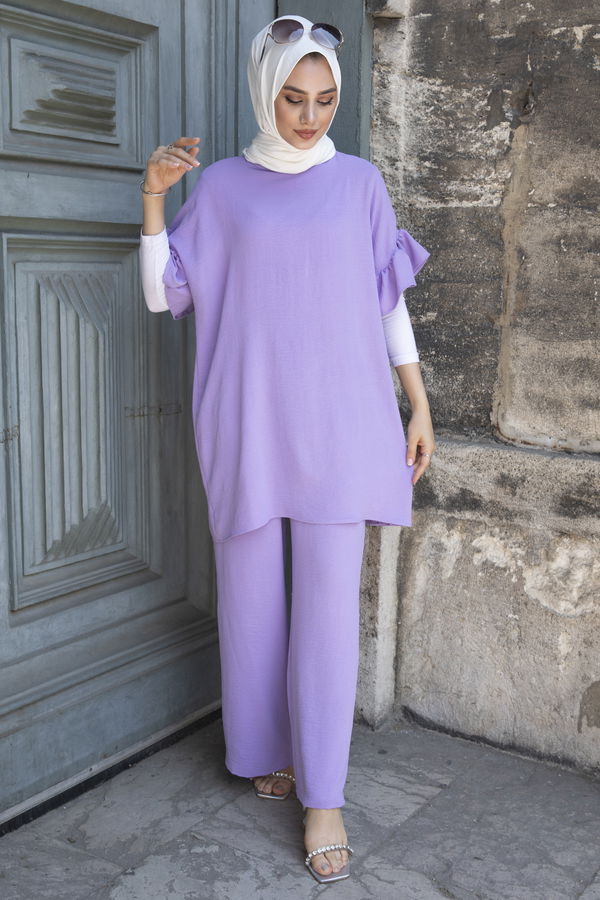 Düz Bisiklet Yaka Kadın Lila Tunik Pantolon - 10541 LİLA