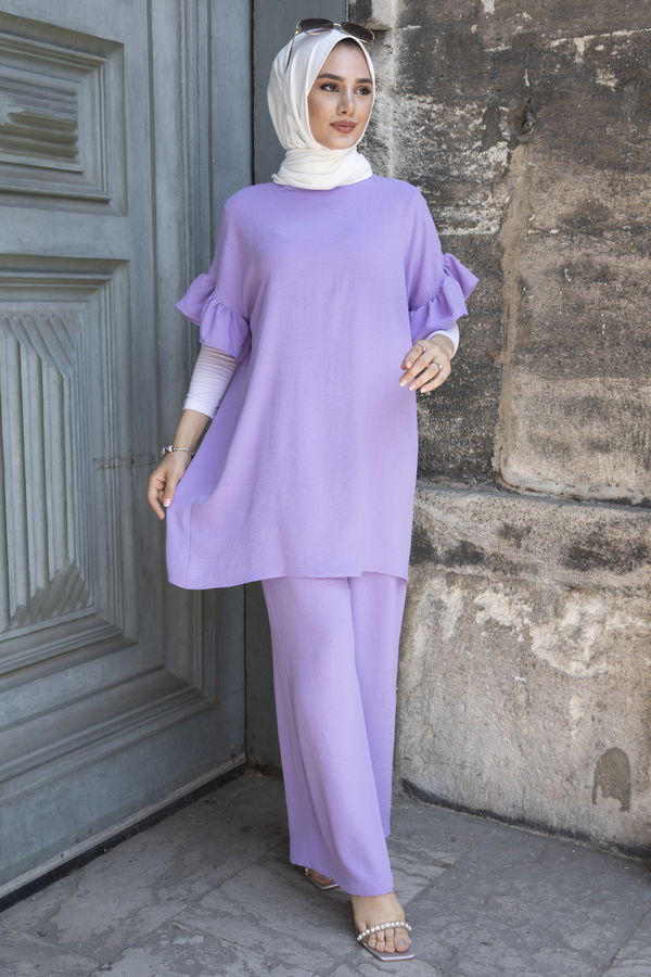 Düz Bisiklet Yaka Kadın Lila Tunik Pantolon - 10541 LİLA