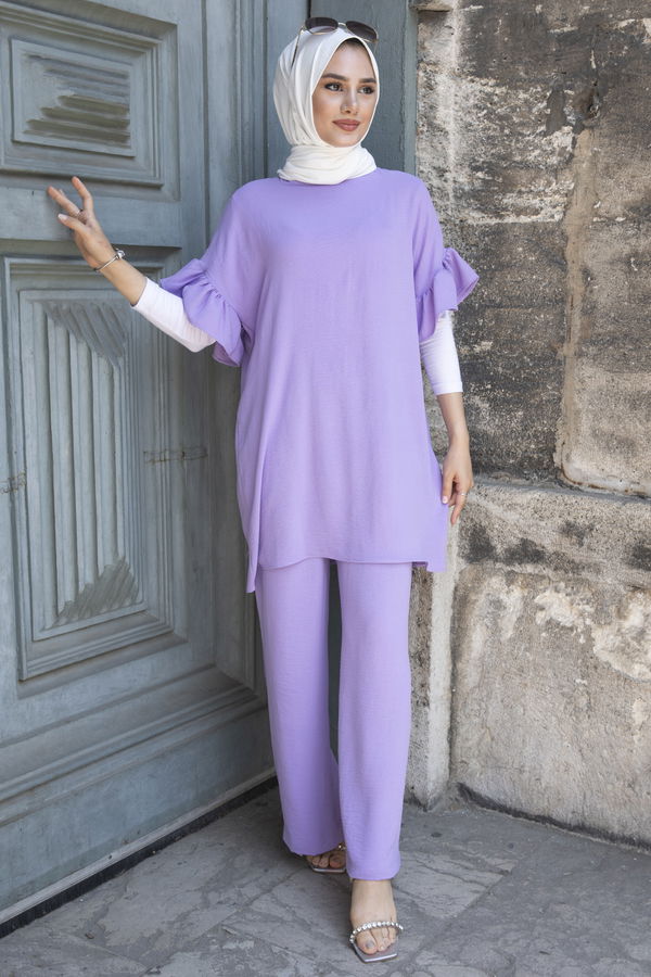 Düz Bisiklet Yaka Kadın Lila Tunik Pantolon - 10541 LİLA