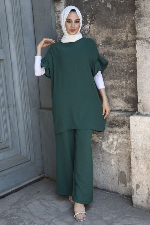 Düz Bisiklet Yaka Kadın Yeşil Tunik Pantolon - 10541