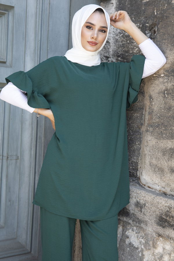 Düz Bisiklet Yaka Kadın Yeşil Tunik Pantolon - 10541
