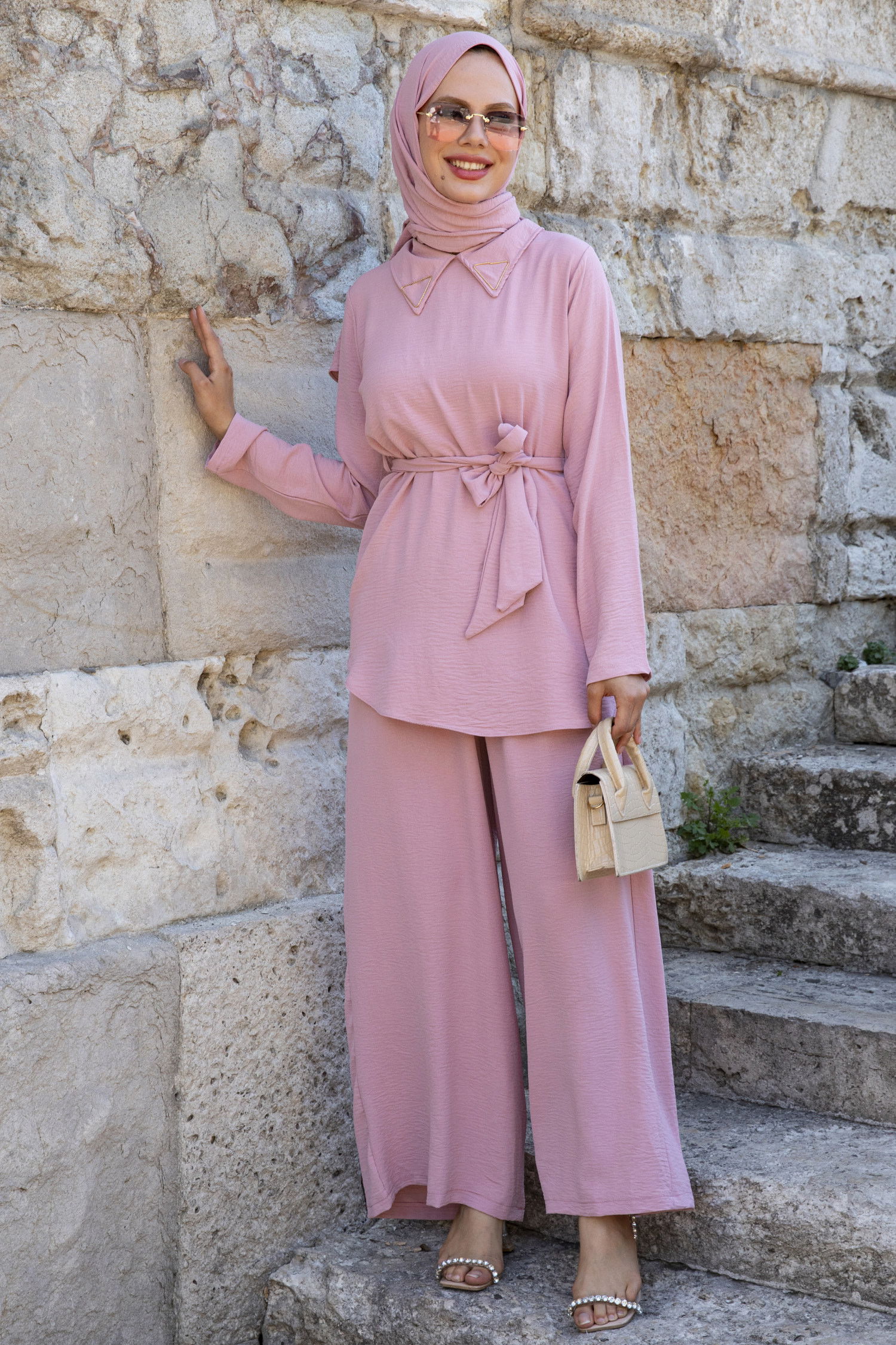 Düz Gömlek Yaka Kadın Pembe Bluz+Pantolon - 10519 PEMBE