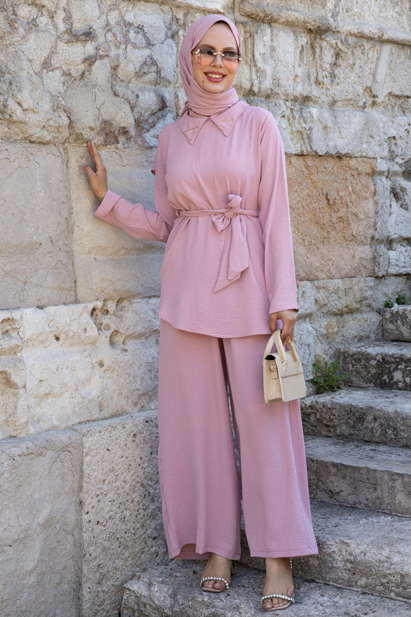 Düz Gömlek Yaka Kadın Pembe Bluz+Pantolon - 10519 PEMBE