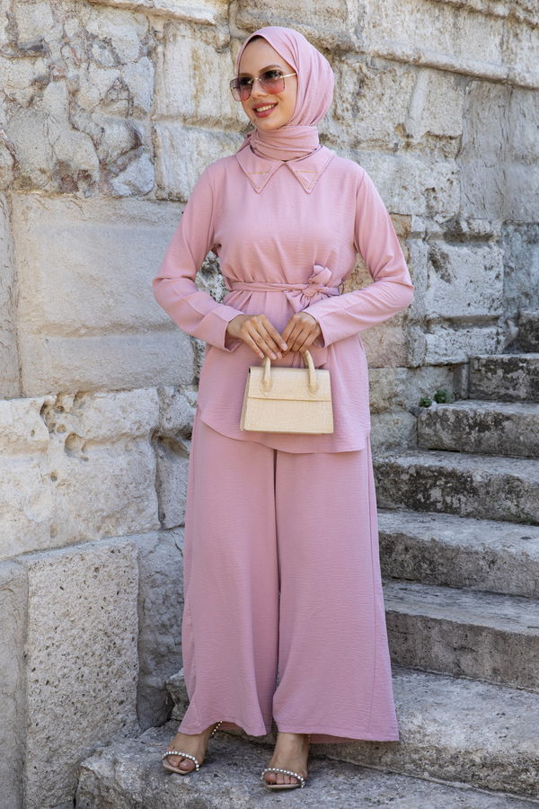 Düz Gömlek Yaka Kadın Pembe Bluz+Pantolon - 10519 PEMBE