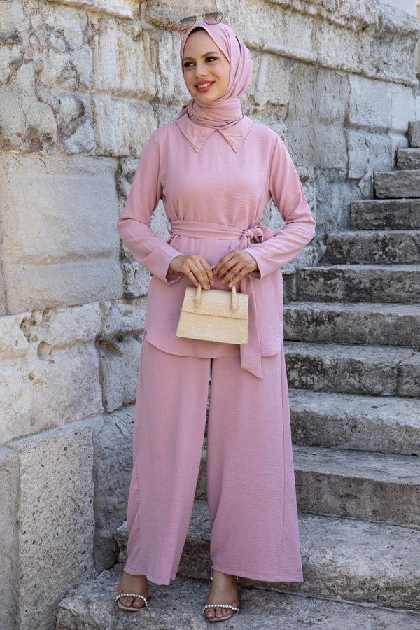 Düz Gömlek Yaka Kadın Pembe Bluz+Pantolon - 10519 PEMBE