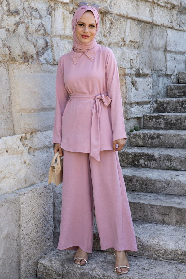 Düz Gömlek Yaka Kadın Pembe Bluz+Pantolon - 10519 PEMBE