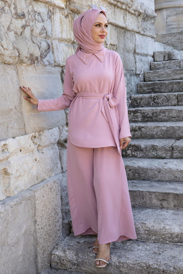 Düz Gömlek Yaka Kadın Pembe Bluz+Pantolon - 10519 PEMBE