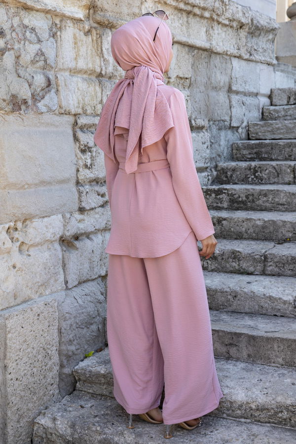 Düz Gömlek Yaka Kadın Pembe Bluz+Pantolon - 10519 PEMBE