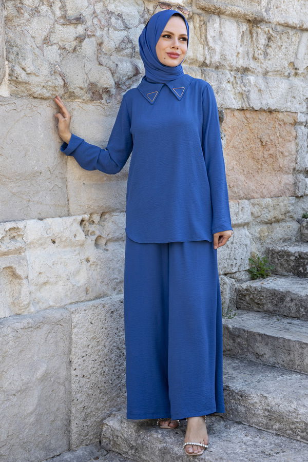 Düz Gömlek Yaka Kadın Mavi Bluz+Pantolon - 10519 MAVİ