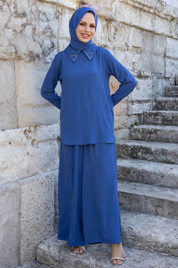Düz Gömlek Yaka Kadın Mavi Bluz+Pantolon - 10519 MAVİ