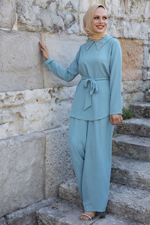 Düz Gömlek Yaka Kadın Yeşil Bluz+Pantolon - 10519