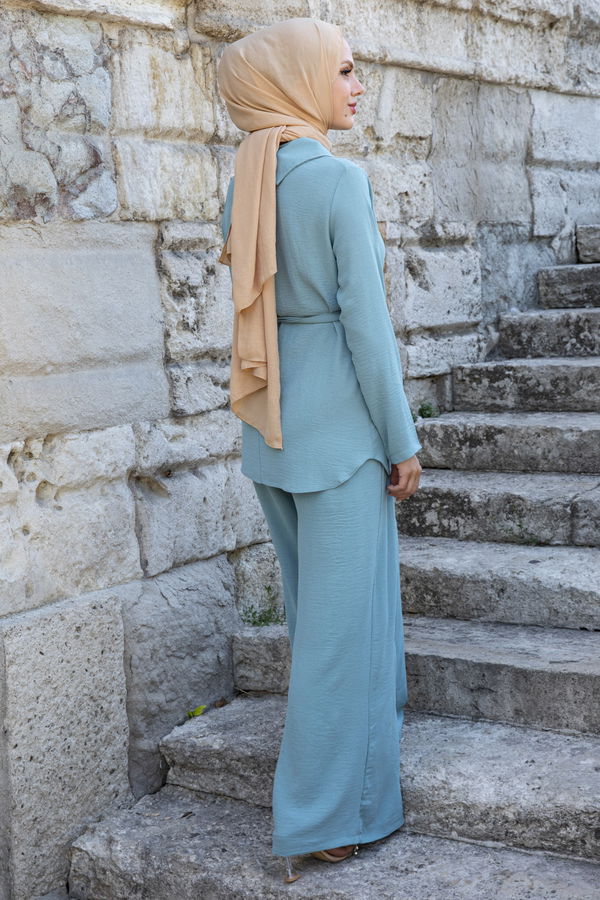 Düz Gömlek Yaka Kadın Yeşil Bluz+Pantolon - 10519