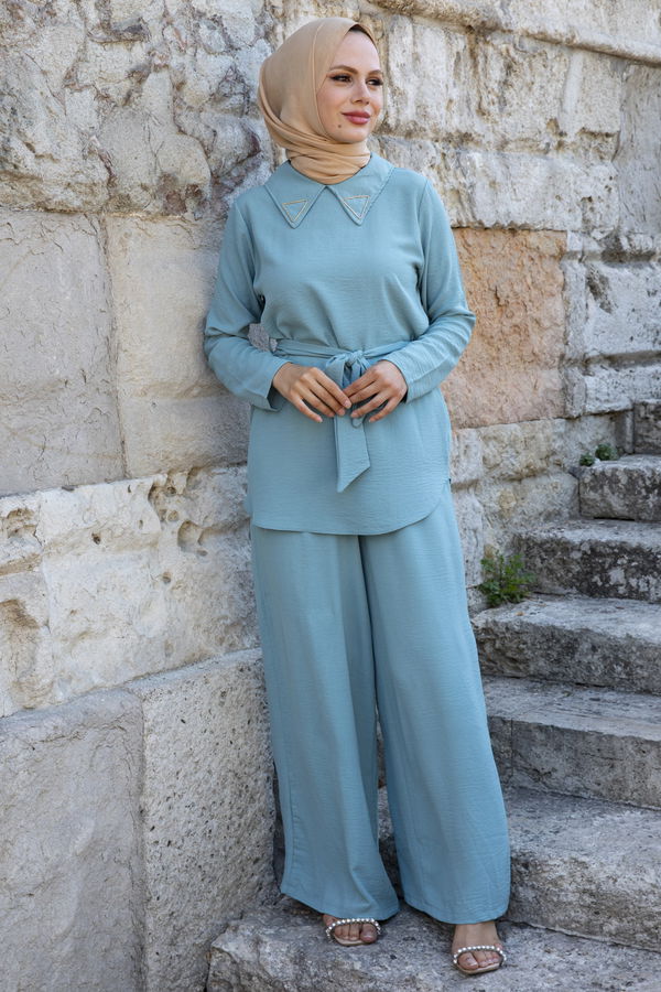 Düz Gömlek Yaka Kadın Yeşil Bluz+Pantolon - 10519