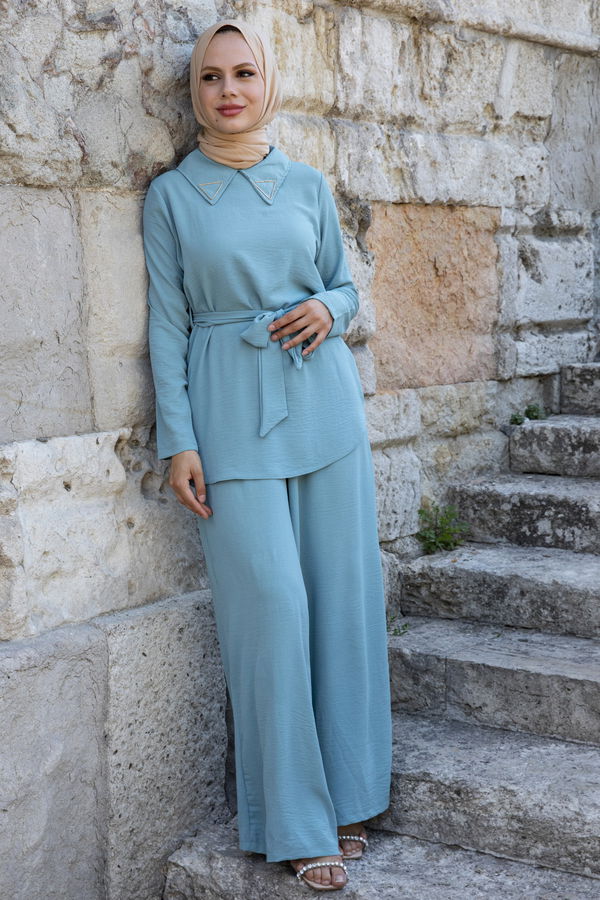 Düz Gömlek Yaka Kadın Yeşil Bluz+Pantolon - 10519