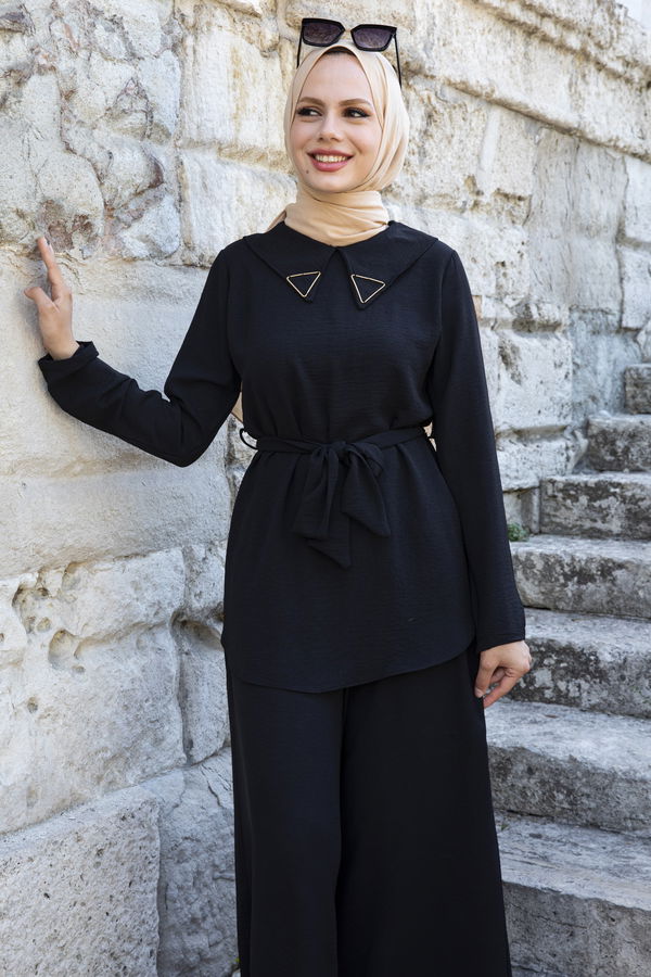 Düz Gömlek Yaka Kadın Siyah Bluz+Pantolon - 10519 SİYAH
