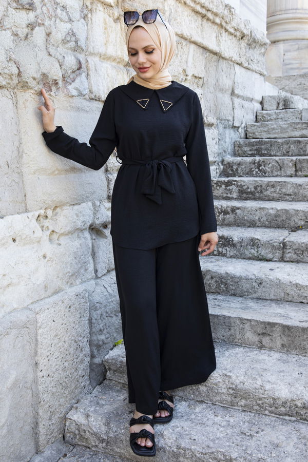 Düz Gömlek Yaka Kadın Siyah Bluz+Pantolon - 10519 SİYAH