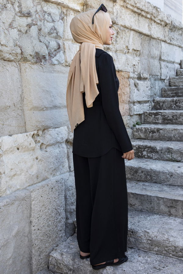 Düz Gömlek Yaka Kadın Siyah Bluz+Pantolon - 10519 SİYAH