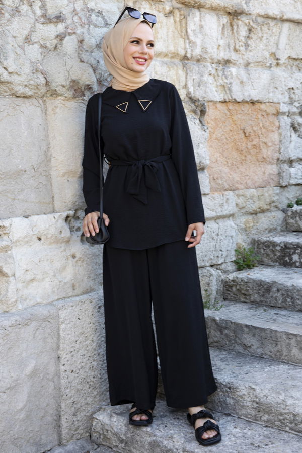 Düz Gömlek Yaka Kadın Siyah Bluz+Pantolon - 10519 SİYAH