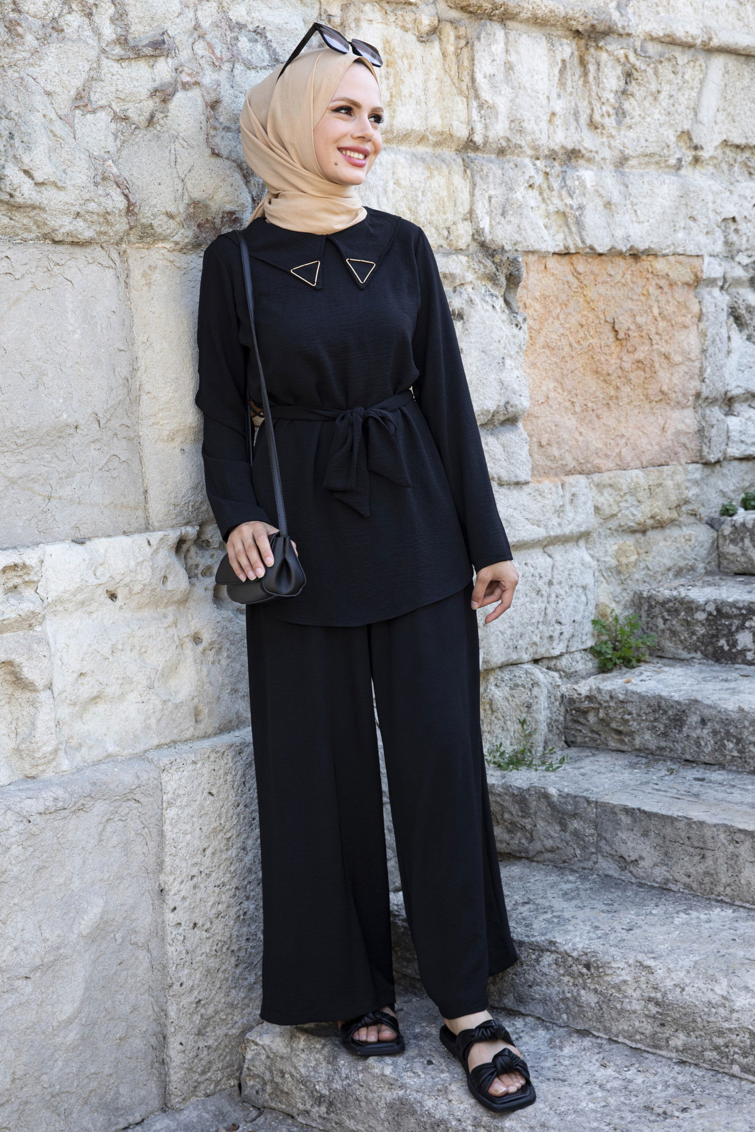 Düz Gömlek Yaka Kadın Siyah Bluz+Pantolon - 10519 SİYAH