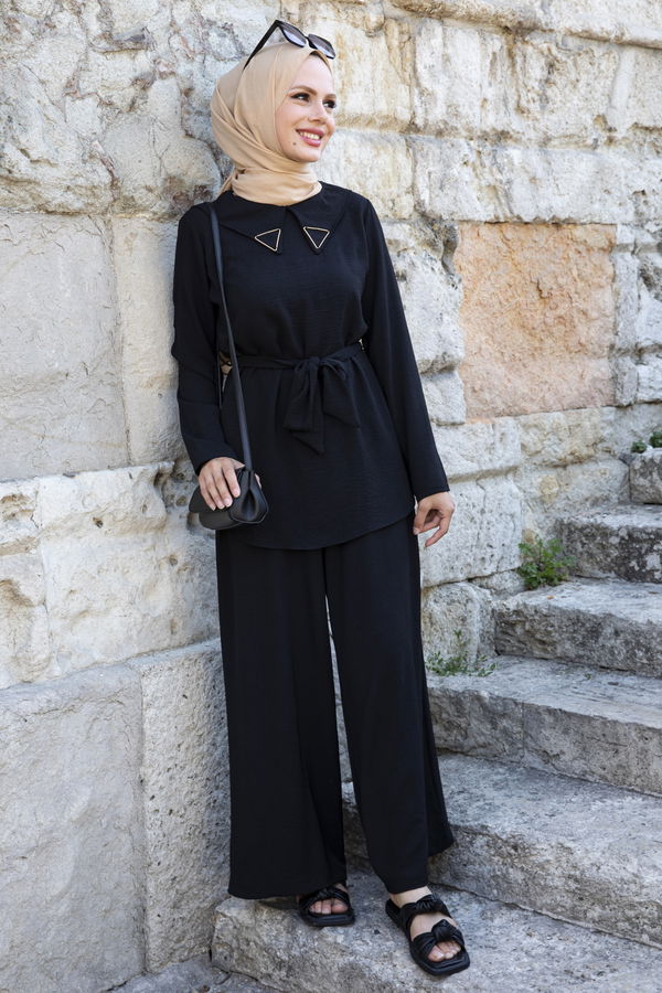 Düz Gömlek Yaka Kadın Siyah Bluz+Pantolon - 10519 SİYAH