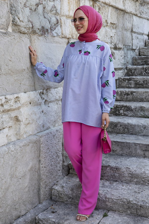 Düz Bisiklet Yaka Kadın Fuşya Tunik - 10796