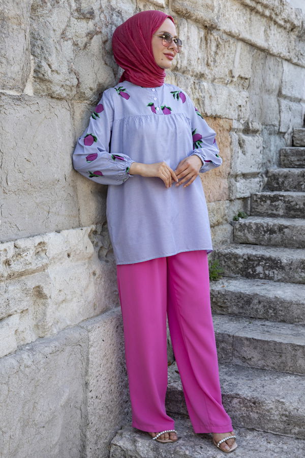 Düz Bisiklet Yaka Kadın Fuşya Tunik - 10796