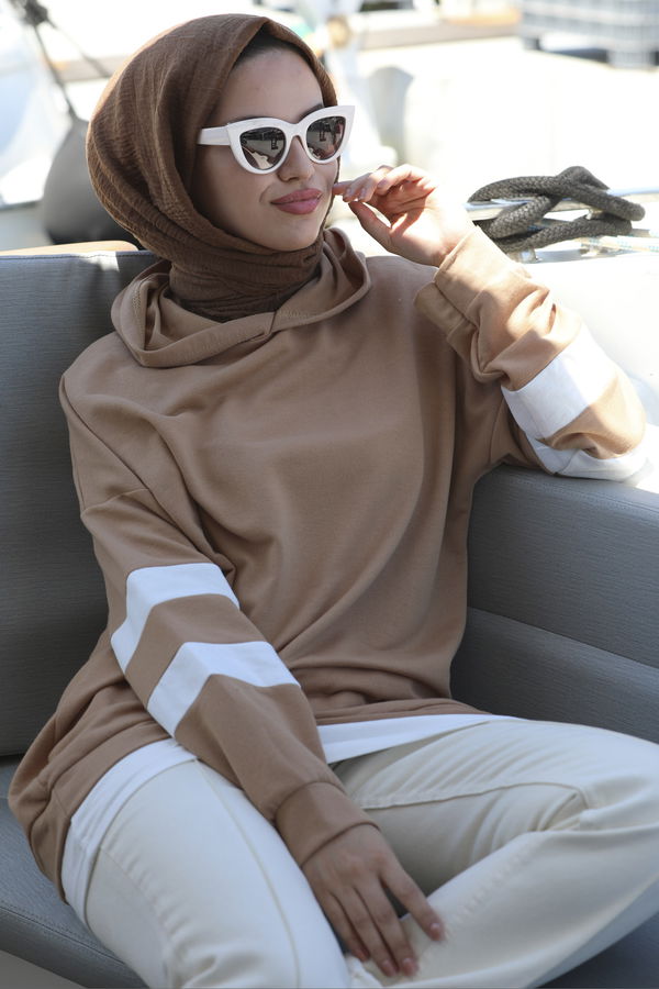 Düz Kapsonlu Yaka Kadın Taba Tunik - 3426