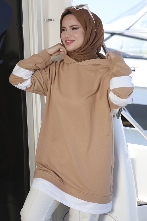 Düz Kapsonlu Yaka Kadın Taba Tunik - 3426