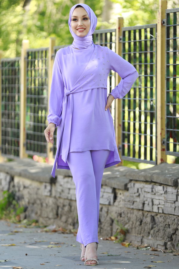 Düz Bisiklet Yaka Kadın Lila Tunik Pantolon - 10526 LİLA