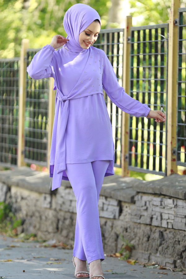 Düz Bisiklet Yaka Kadın Lila Tunik Pantolon - 10526 LİLA