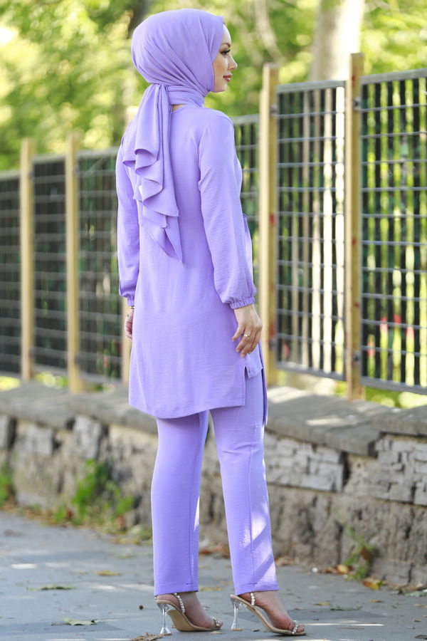 Düz Bisiklet Yaka Kadın Lila Tunik Pantolon - 10526 LİLA