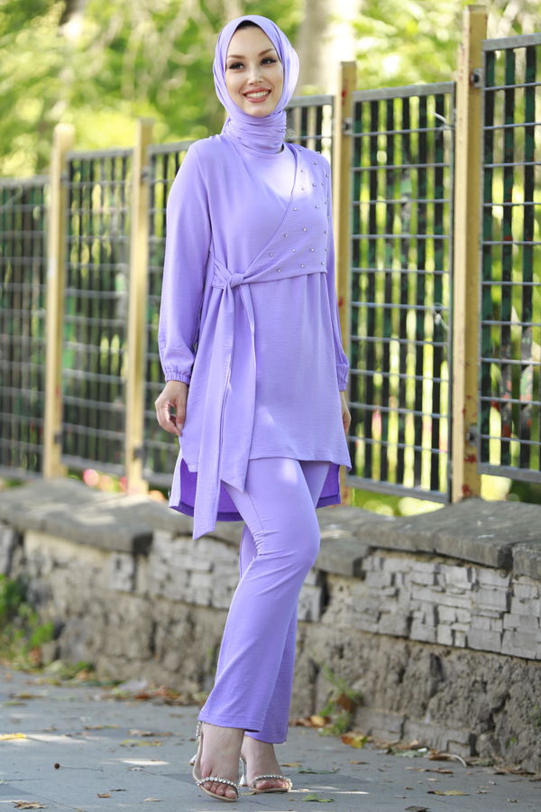 Düz Bisiklet Yaka Kadın Lila Tunik Pantolon - 10526 LİLA