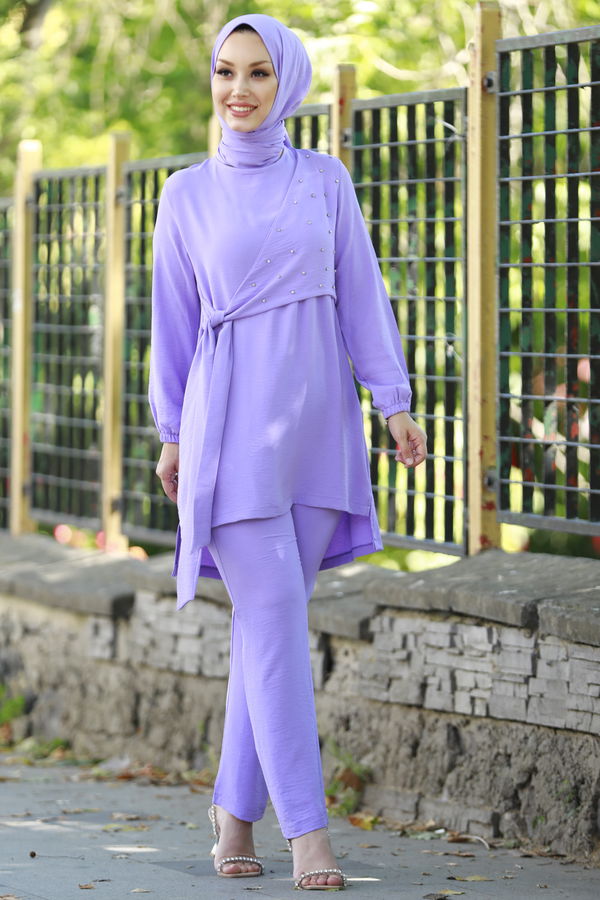 Düz Bisiklet Yaka Kadın Lila Tunik Pantolon - 10526 LİLA