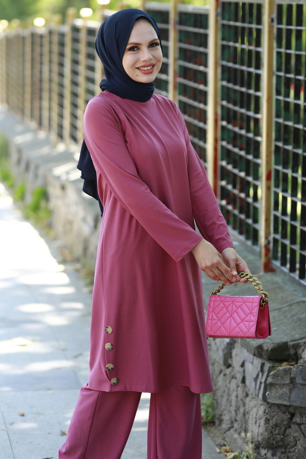 Düz Bisiklet Yaka Kadın Pembe Tunik Pantolon - 10536
