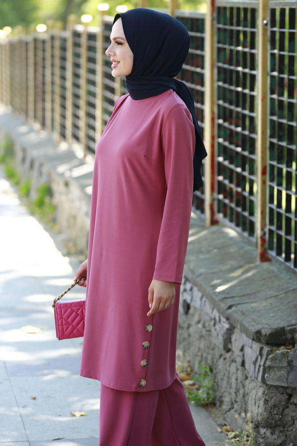 Düz Bisiklet Yaka Kadın Pembe Tunik Pantolon - 10536