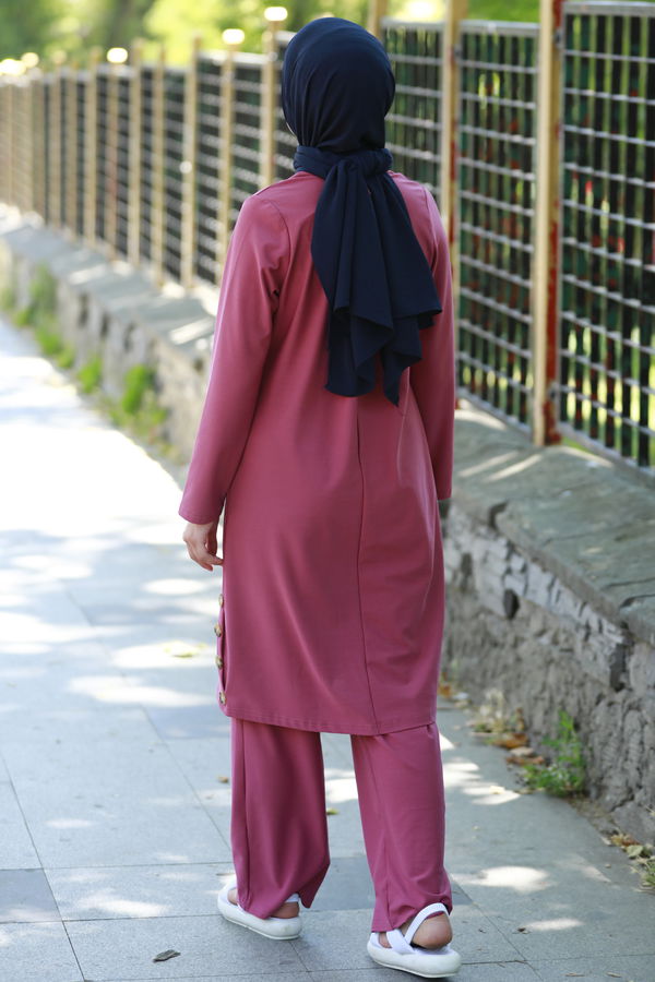 Düz Bisiklet Yaka Kadın Pembe Tunik Pantolon - 10536