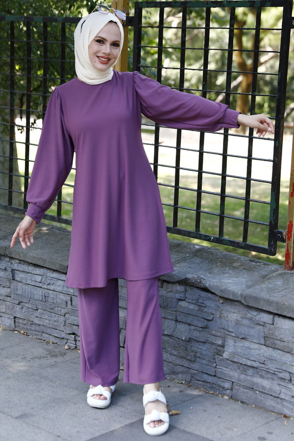 Düz Bisiklet Yaka Kadın Lila Tunik Pantolon - 10545 LİLA