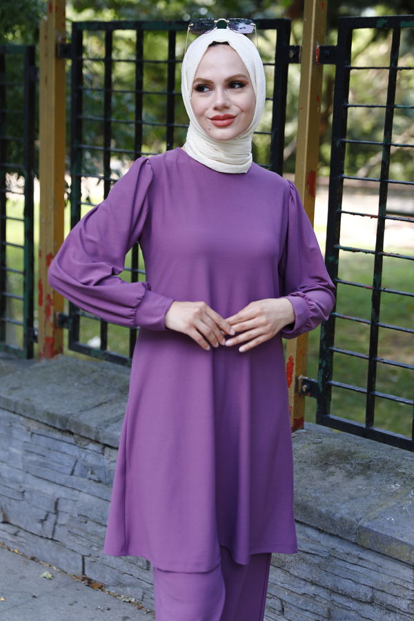 Düz Bisiklet Yaka Kadın Lila Tunik Pantolon - 10545 LİLA