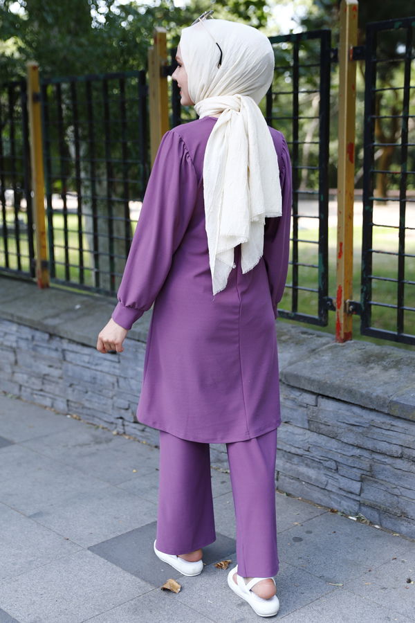 Düz Bisiklet Yaka Kadın Lila Tunik Pantolon - 10545 LİLA
