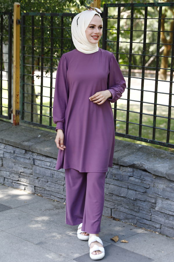 Düz Bisiklet Yaka Kadın Lila Tunik Pantolon - 10545 LİLA