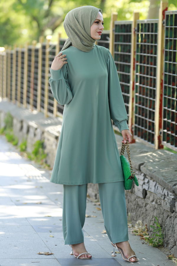 Düz Bisiklet Yaka Kadın Yeşil Tunik Pantolon - 10545