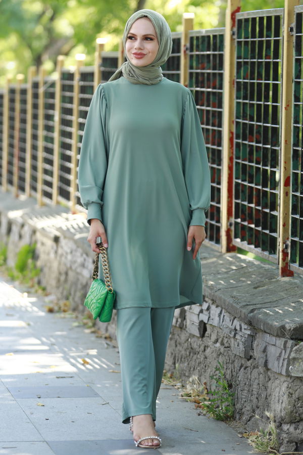 Düz Bisiklet Yaka Kadın Yeşil Tunik Pantolon - 10545