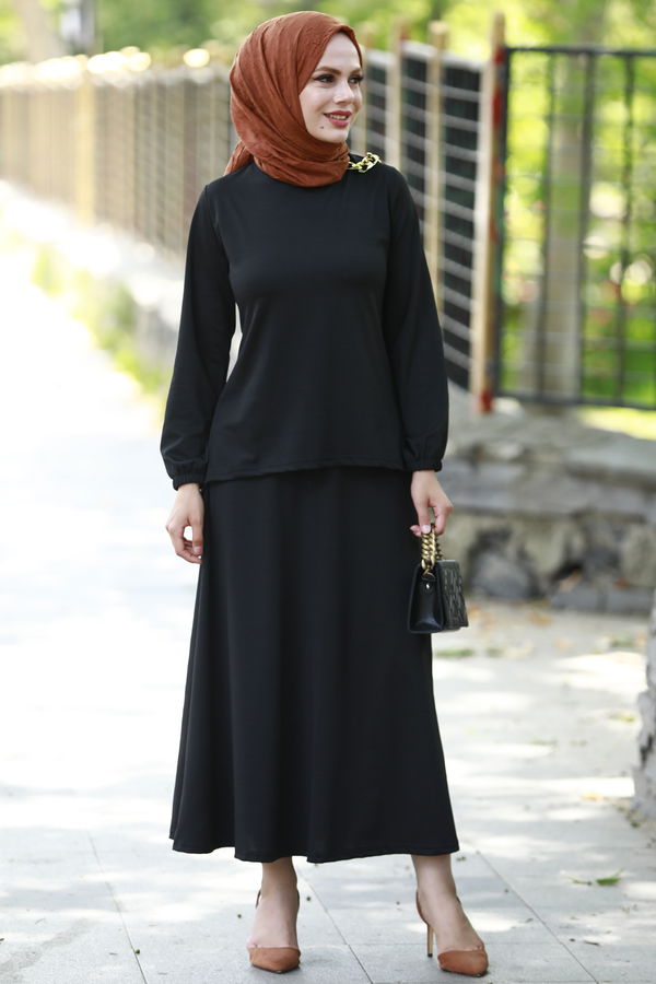 Düz Orta Kadın Siyah BLUZ ETEK - 3765 SİYAH